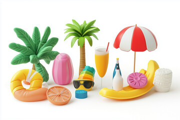 Obraz premium collection of tropical themed items including a beach umbrella, a beach ball, a pair of sunglasses, a hot dog, a banana, a pineapple, and a beach towel