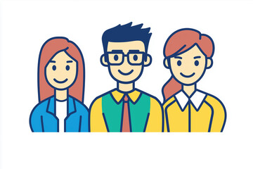 Fototapeta premium Three people are smiling and standing next to each other. The man is wearing a tie and glasses, while the woman is wearing a yellow shirt