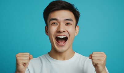 Emotions and achievement concept. Close-up of a happy successful oriental male screaming with a winning expression, pumping fists, celebrating success, Generative AI