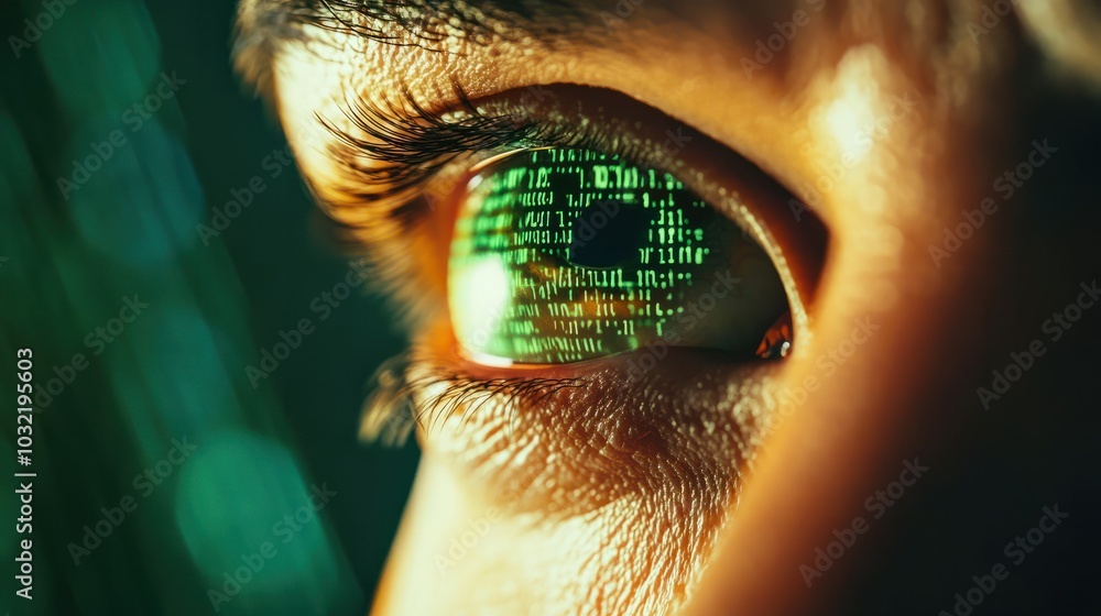Aufkleber human eye close-up on green tech background, hacker face and digital data pattern. concept of cyber 