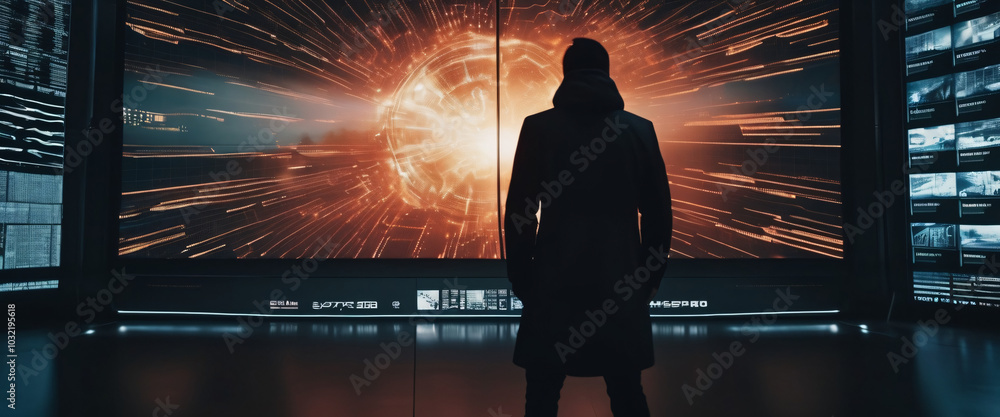 Poster a silhouette of a person standing in front of a giant digital screen with a flow of data showing var