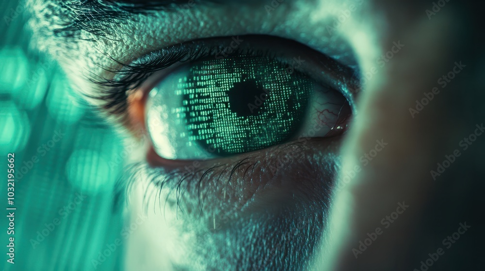Poster human eye close-up on green tech background, hacker face and digital data pattern. concept of cyber 