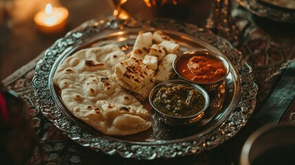 Fototapeta premium A delicious Indian thali with naan, dal, paneer, and chutneys arranged on a decorative silver plate, ready to be served in a cozy, festive setting.