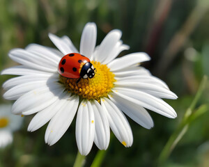 A red ladybird on a white daisy flower crawls across the petals in the morning dew. Top view. Macro view