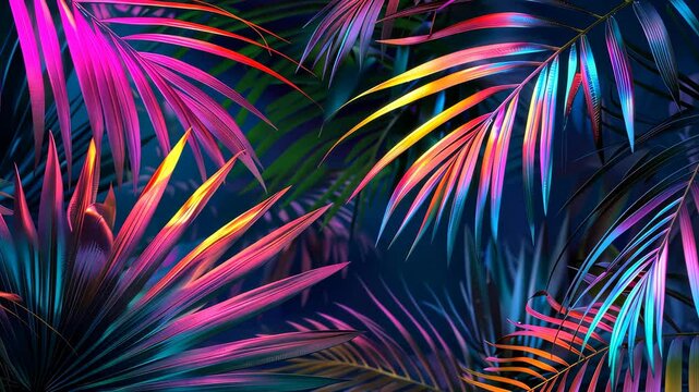 Vibrant tropical leaves with colorful lighting.
