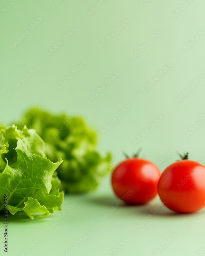 Poster symmetrical abstract composition of blurry lettuce and tomatoes on light green background