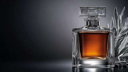 A sleek glass perfume bottle with a rich amber liquid, elegantly illuminated against a dark background, featuring delicate leaves beside it.