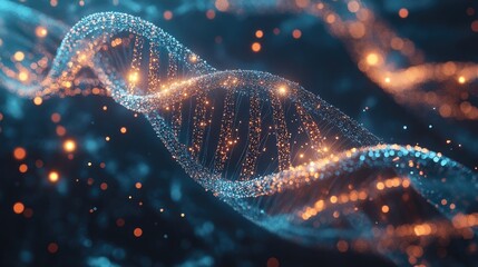 A luminous DNA strand surrounded by data points and light particles in a sleek digital space, highlighting modern scientific breakthroughs.