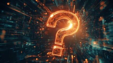Large bold question mark symbol with glowing edges, suspended in a futuristic, abstract digital space, emitting vibrant energy.