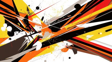 Abstract geometric shapes with splashes of paint in yellow, orange, black, and red on a white background.