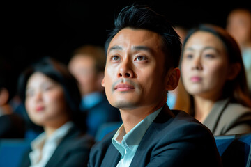 Obraz premium handsome asian man in a suit sitting in the audience at the business convention