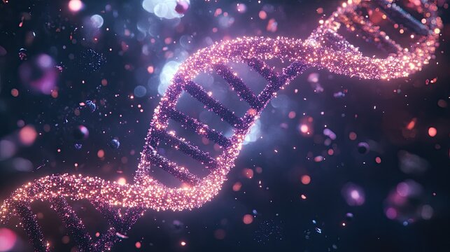 A luminous DNA strand surrounded by data points and light particles in a sleek digital space, highlighting modern scientific breakthroughs. - Powered by Adobe