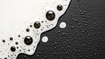 A close-up view of contrasting liquids, with white foam and black surface showcasing droplets and textures.