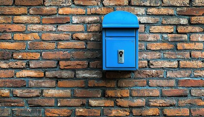 A bright blue mailbox mounted on a textured brick wall, serving as a collection point for letters and packages.