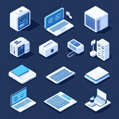 Isometric icon set featuring computers, laptops, and technology equipment in white and blue colors, ideal for creative banners, computer services, tech repair, and cloud storage solutions.