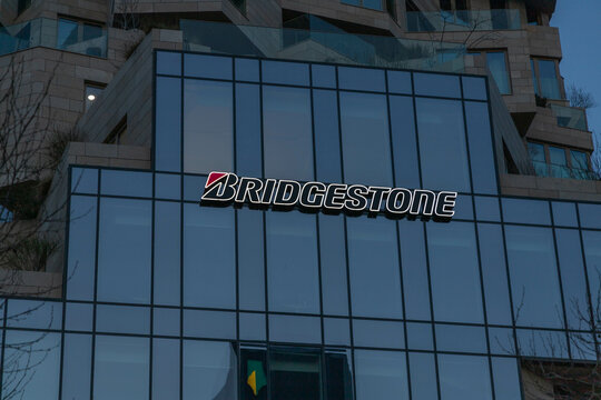 Bridgestone logo on the glass valley building in Amsterdam. Bridgestone is a Japanese tire brand / tire factory founded in 1931 by Shojiro Ishibashi. Amsterdam, the Netherlands. 16 March 2024. 