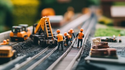Fototapeta premium Miniature construction workers in orange helmets work on tiny roads and bridges in a detailed urban landscape, symbolizing teamwork and precision
