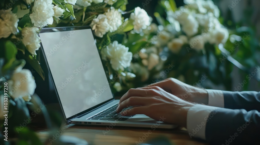 Poster man's hands typing on laptop computer in a room with indoor green flowers. white blank mock up empty