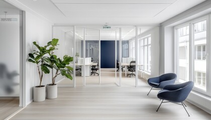 Fototapeta premium A modern office space featuring glass partitions, a plant, and comfortable seating, designed for collaboration and productivity.