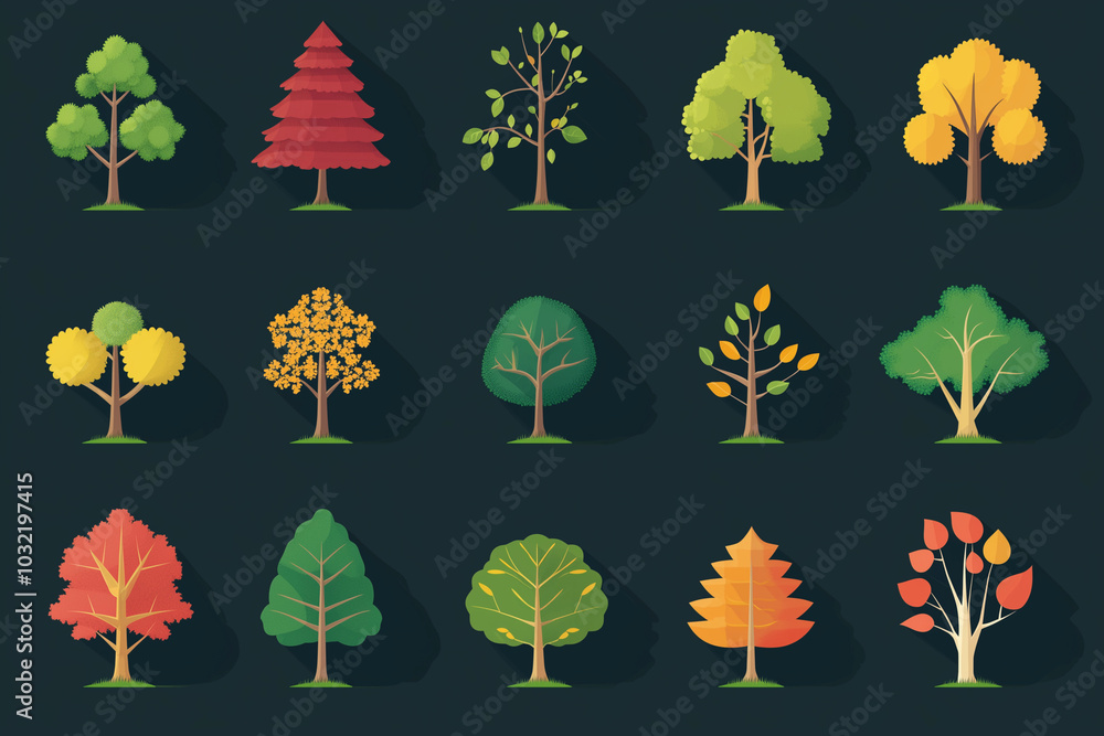Poster collection of trees in various sizes and shapes, including a few that are green and brown. the trees