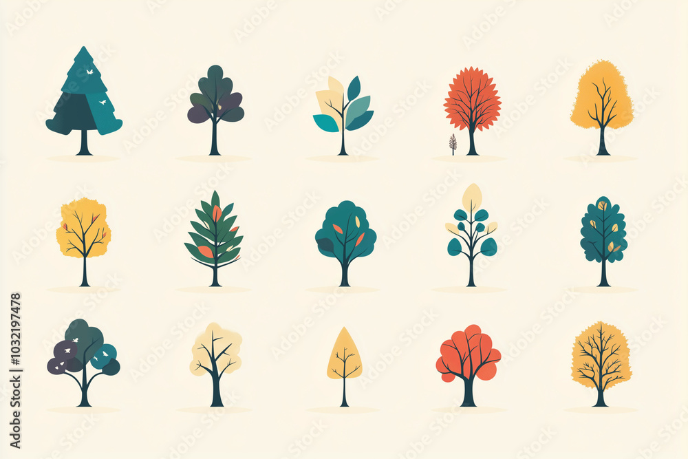 Poster collection of trees in various sizes and colors. the trees are arranged in a row, with some trees be