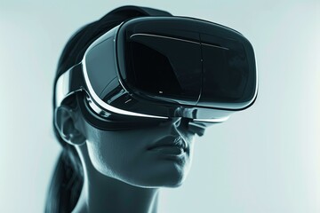 Woman is immersed in a virtual reality experience while using a high tech vr headset