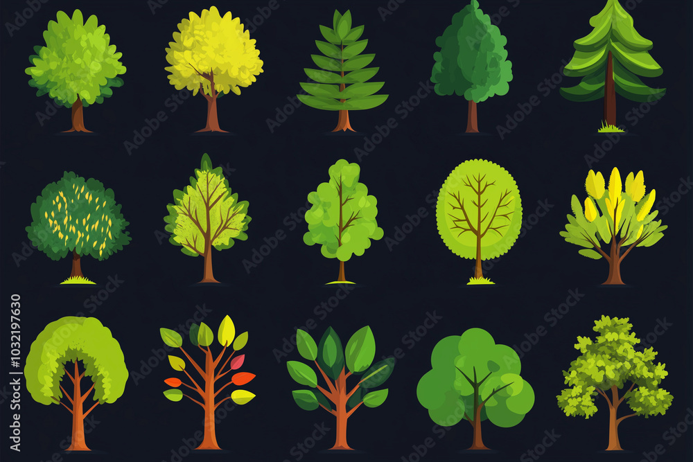 Poster collection of trees in various sizes and shapes, including a few that are green and brown. the trees