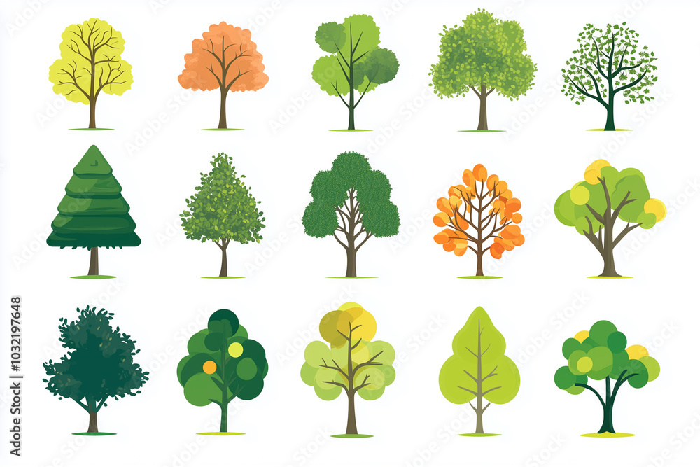 Aufkleber ollection of trees in various sizes and shapes. the trees are all green and are spread out across th