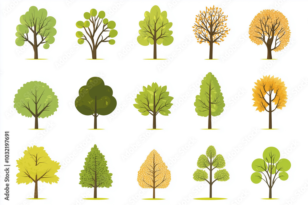 Poster ollection of trees in various sizes and shapes. the trees are all green and are spread out across th