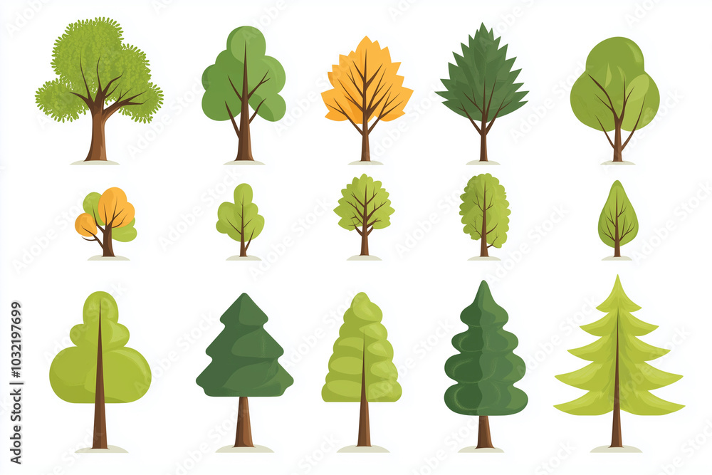 Poster ollection of trees in various sizes and shapes. the trees are all green and are spread out across th