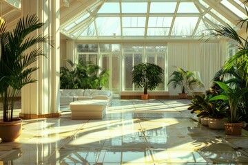 Luxurious and luminous interior with many plants bathing in the sun
