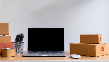 laptop at work of a small start-up, surrounded by cardboard parcel boxes , generative ai