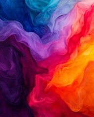 A vibrant abstract composition featuring swirling colors of purple, pink, blue, and orange, blending seamlessly to create a dynamic visual experience.