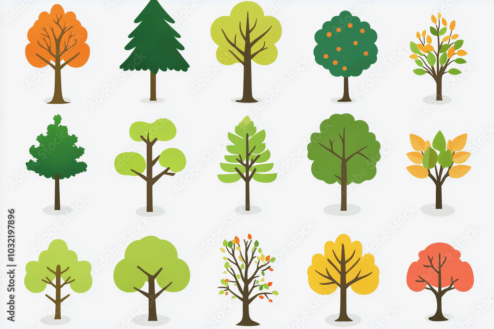 Poster ollection of trees in various sizes and shapes. the trees are all green and are spread out across th