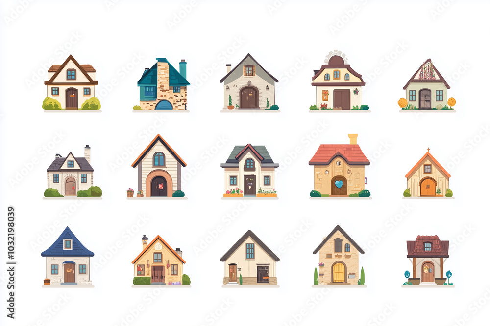 Poster collection of houses with different styles and colors. some are small and some are large. the houses