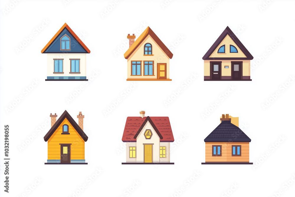 Poster collection of houses with different styles and colors. some are small and some are large. the houses