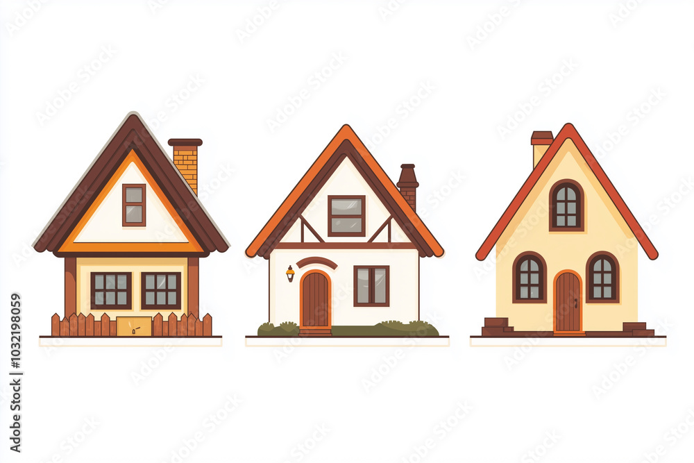 Poster three houses with different colors and designs. the houses are all different sizes and have differen
