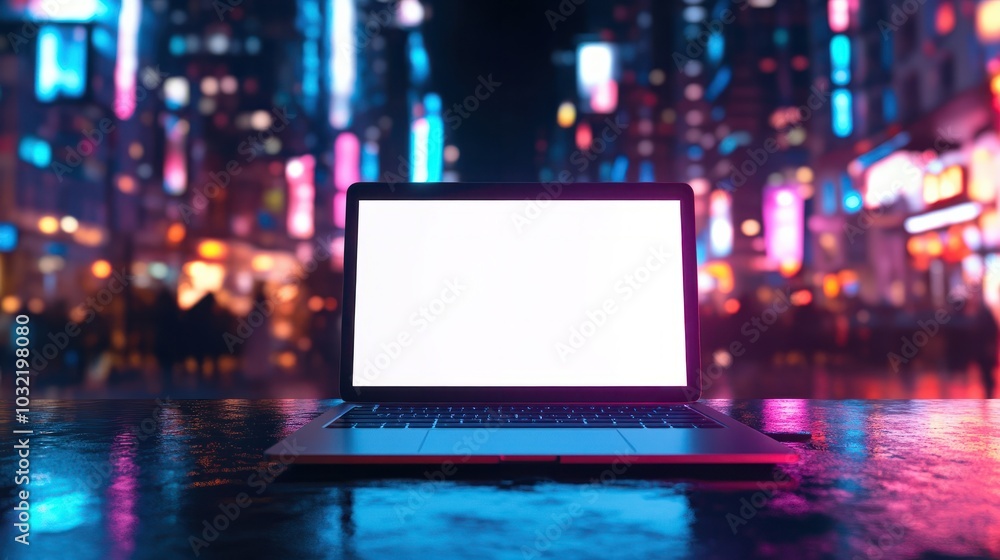 Poster modern laptop with blank screen on a table in a smart city office setting with blurred background