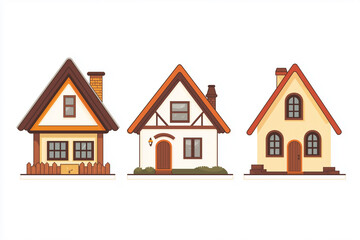 Three houses with different colors and designs. The houses are all different sizes and have different features. The first house is yellow, the second is white, and the third is blue
