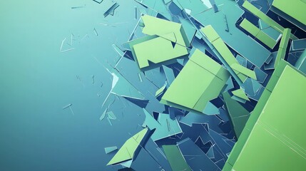 Abstract 3D geometric background with green and blue shapes.