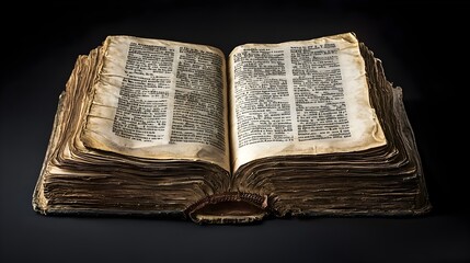 Fototapeta premium Vintage Open Book on Dark Wooden Table with Detailed Text and Pages