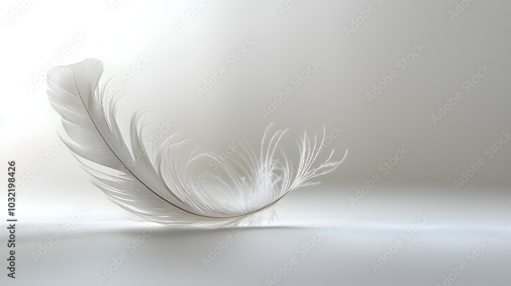 Poster delicate white feather floating gently on soft minimalist background