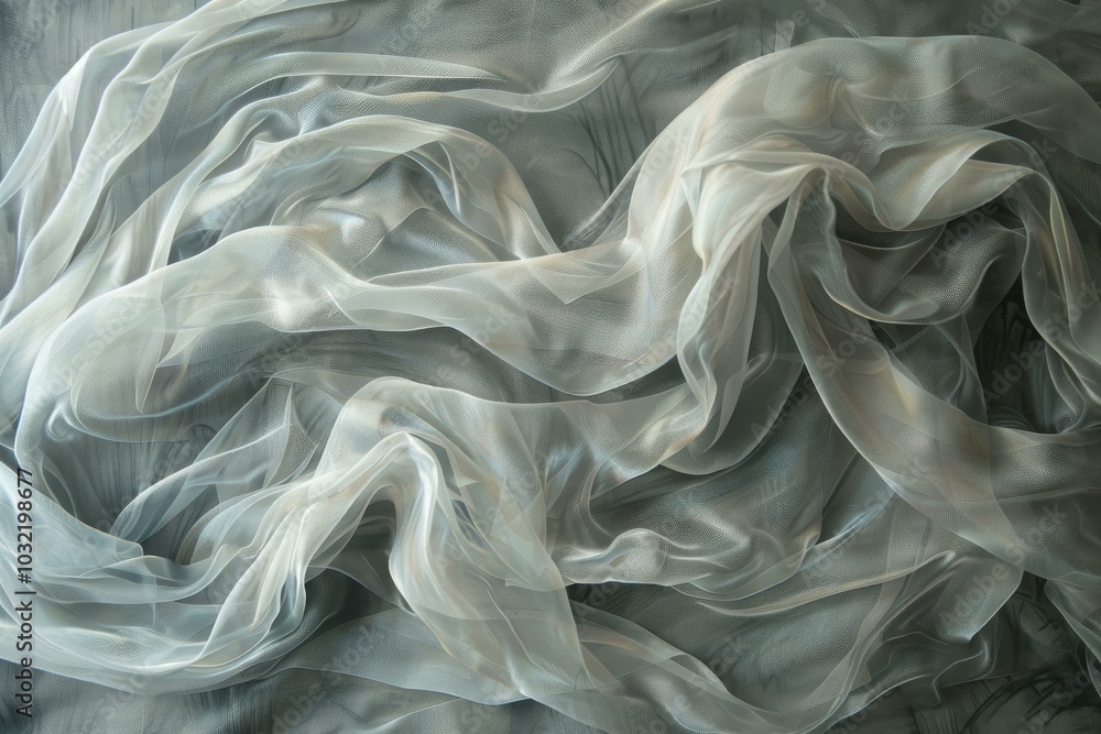 Poster white transparent sheer chiffon fabric flowing on gray background, creating a delicate and elegant t
