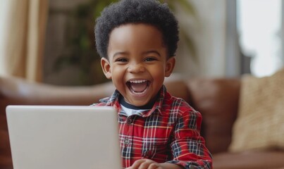 Little black boy rejoices at studying with a laptop at home, recommends online education, copy space, Generative AI