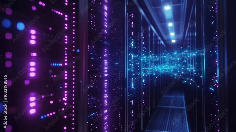 Poster network connections glowing between server racks in data center