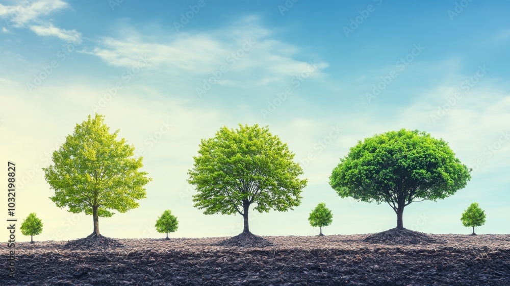 Poster roadmap visual showing the growth stages of a tree, from sapling to full bloom, symbolizing natural 