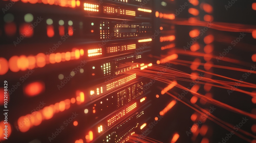 Poster network connections glowing between server racks in data center