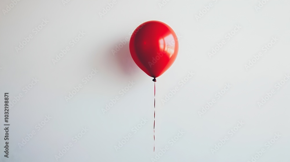 Poster Single Floating Red Balloon with Dangling String Against Crisp White Background