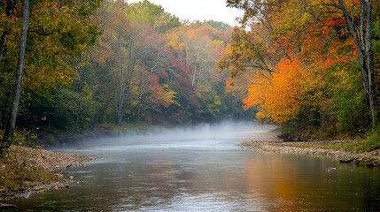 Fototapeta premium A winding river flows through a misty forest with vibrant autumn foliage.