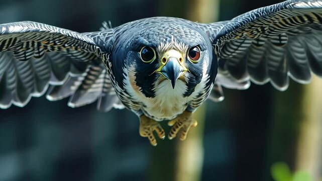 Peregrine falcon in mid-flight, close-up on sharp eyes and feathers. Wildlife photography and nature admiration concept.